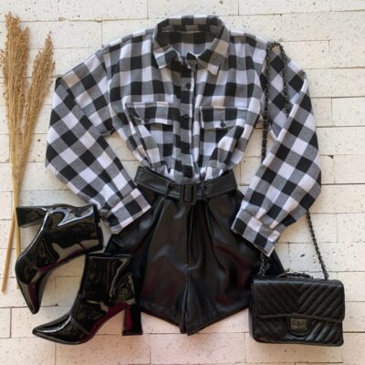 Camisa Cropped Xadrez Luxo Preta