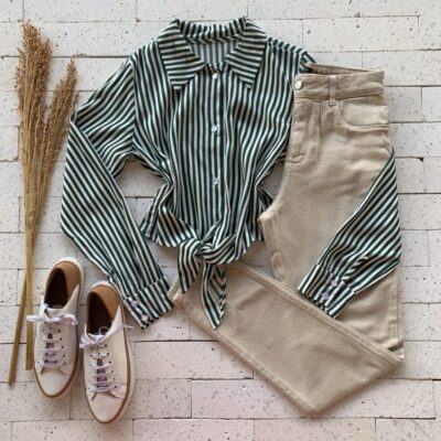 Camisa Cropped Tricoline Listrada Verde