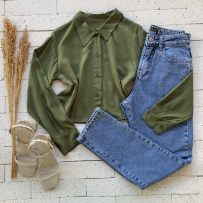 Camisa Cropped Soltinho Luxo Verde Militar