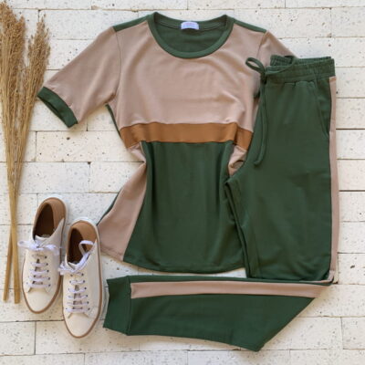 Conjunto Moletinho Manga Curta Bicolor Recortes Verde e Nude