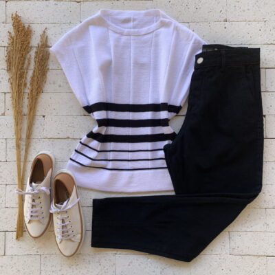 Blusa Modal Detalhe Listrado Off e Preta