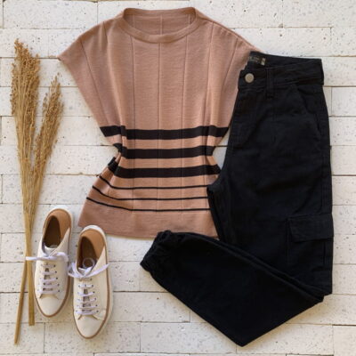 Blusa Modal Detalhe Listrado Nude e Preta