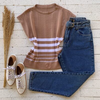 Blusa Modal Detalhe Listrado Nude e Off
