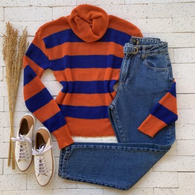 Blusa Trico Listrada Gola Boba Coral e Azul