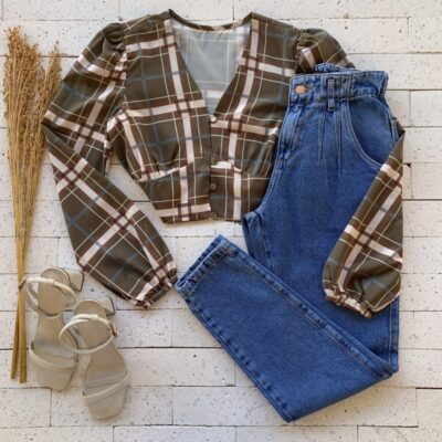 Cropped Bufante Xadrez Perolado Verde