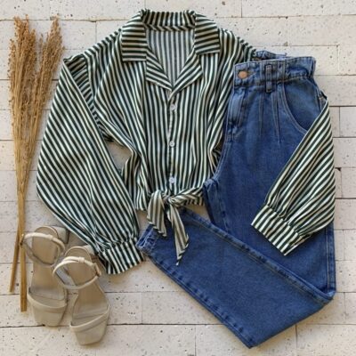 Camisa Cropped Listrada Nózinho Verde