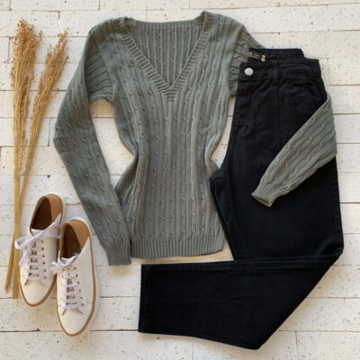 BLUSA TRICO GOLA V TRAMA CANELADA GRAFITE