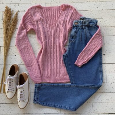 BLUSA TRICO GOLA V TRAMA CANELADA ROSA
