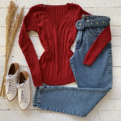 BLUSA TRICO GOLA V TRAMA CANELADA VERMELHO