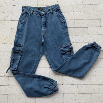 CALÇA CARGO JEANS JOGGER COM TIRAS