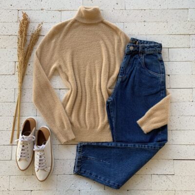 Blusa Trico Mousse Gola Alta Luxo Nude
