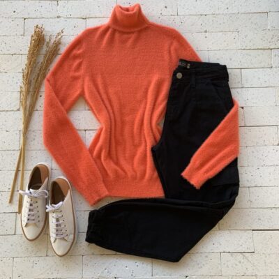 Blusa Trico Mousse Gola Alta Luxo Laranja