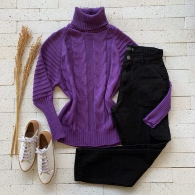 Blusa Trico Gola Manga Canelada e Detalhe Trama Roxo