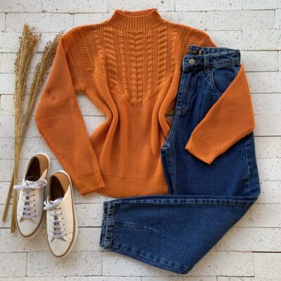 Blusa Trico Detalhe Trama Luxo Laranja