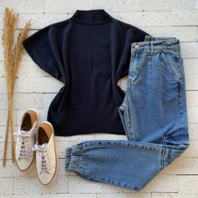 Blusa Modal Lisa sem Decote Marinho