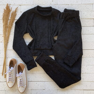 Conjunto Veludo Calça e Cropped Luxo Preto