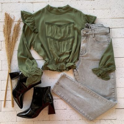 Cropped Babados Detalhe em Gripier Luxo Verde Militar