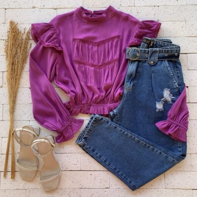 Cropped Babados Detalhe em Gripier Luxo Magenta