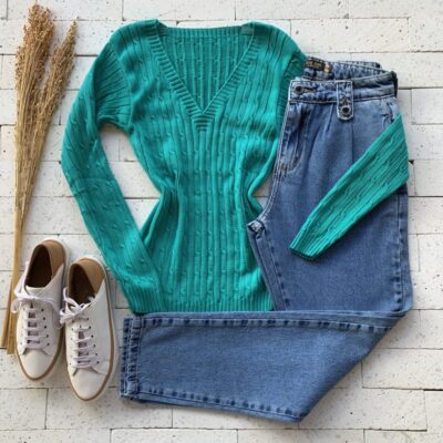 BLUSA TRICO GOLA V TRAMA CANELADA VERDE