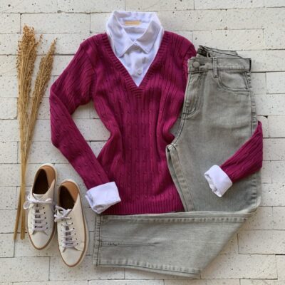 BLUSA TRICO GOLA V TRAMA CANELADA MAGENTA