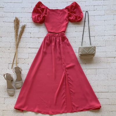 CONJUNTO CROPPED BUFANTE E SAIA LONGUETE