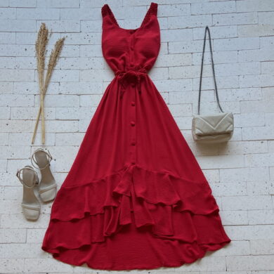 VESTIDO LONGUETE MULLET ALÇA DRAPEADA E AMARRAÇÃO TRANÇADO VERMELHO