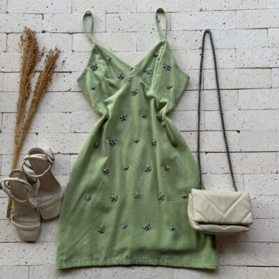 VESTIDO ALCINHA LINHO COM APLIQUE LUXO PISTACHE