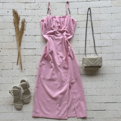 VESTIDO MIDI LINHO COM FENDA DETALHE ALÇA LUXO ROSA