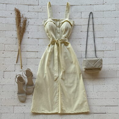 VESTIDO MIDI LINHO DETALHE BOTÕES AMARELO