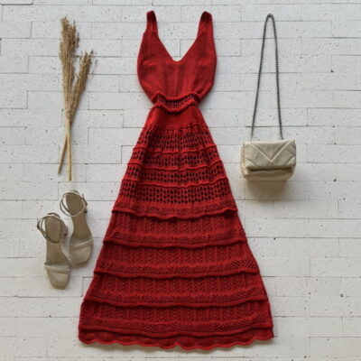 VESTIDO TRICO MIDI DETALHE CAMADAS VERMELHO