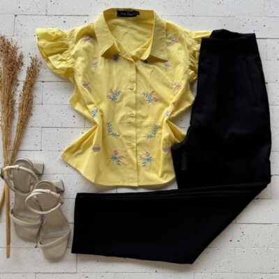 CAMISA CROPPED ALONGADO BORDADO FLORZINHAS AMARELO