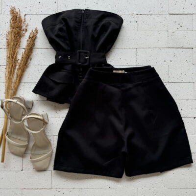 CONJUNTO ALFAIATARIA TOMARA QUE CAIA COM CINTO E SHORT PRETO