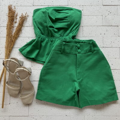 CONJUNTO LINHO TRABALHADO TOMARA QUE CAIA E SHORT VERDE