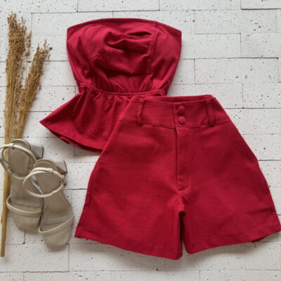 CONJUNTO LINHO TRABALHADO TOMARA QUE CAIA E SHORT VERMELHO