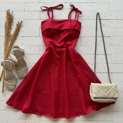 VESTIDO COM BOJO ALÇA LACINHO VERMELHO