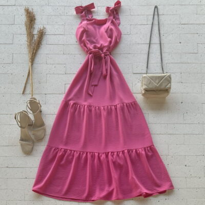 VESTIDO LONGUETE COM ALÇA LACINHO E AMARRAÇÃO LUXO PINK