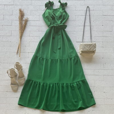 VESTIDO LONGUETE COM ALÇA LACINHO E AMARRAÇÃO LUXO VERDE