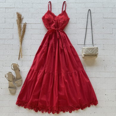 VESTIDO LONGUETE DETALHE BUSTO COM GRIPIER LUXO VERMELHO