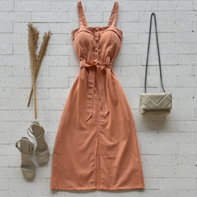 VESTIDO MIDI LINHO DETALHE BOTÕES LARANJA