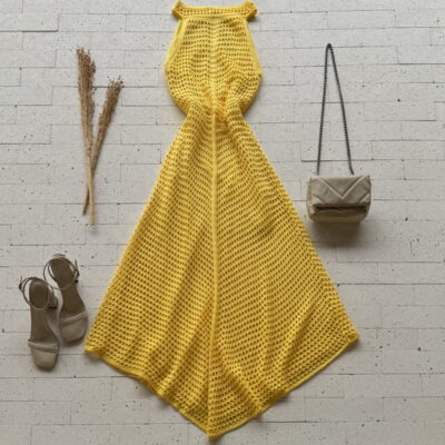 VESTIDO TRICO LONGUETE PONTO VAZADO AMARELO