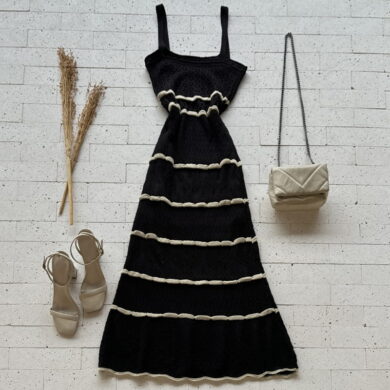 VESTIDO TRICO MIDI TRAMA DIVERSAS PRETO