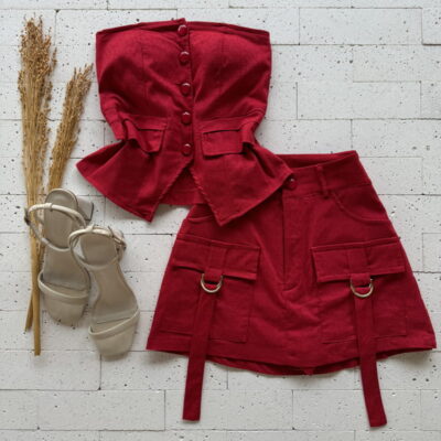 CONJUNTO BENGALINE TOMARA QUE CAIA E SHORT CARGO VERMELHO