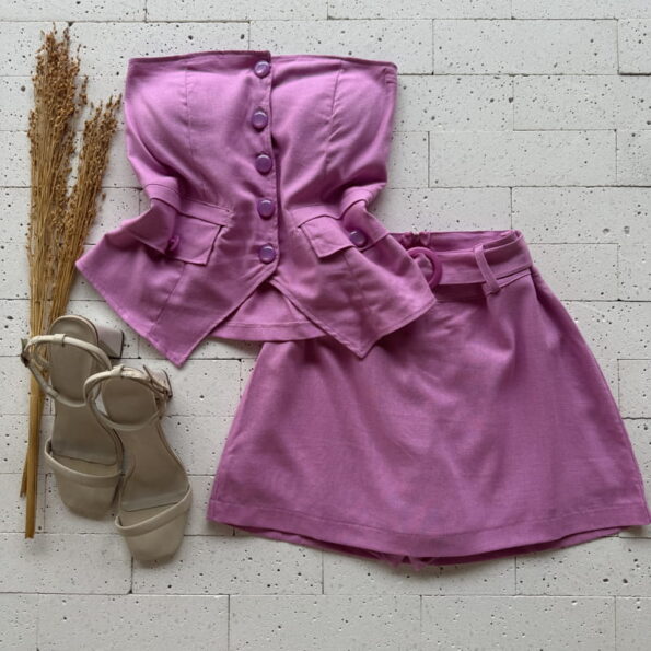 CONJUNTO LINHO TOMARA QUE CAIA E SHORT SAIA LISO COM CINTO ROSA