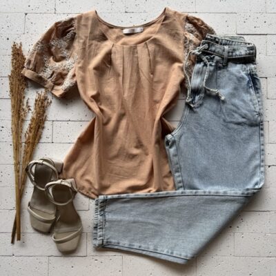 BLUSA VISCOLINHO MANGUINHA BORDADA LUXO NUDE