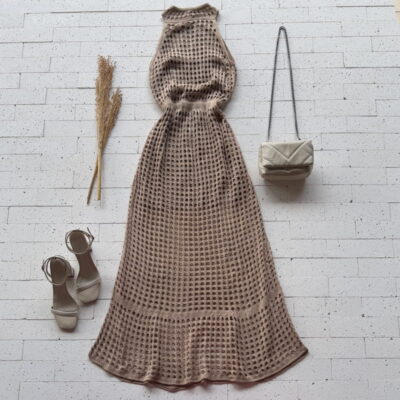 VESTIDO TRICO LONGUETE DETALHE PONTO VAZADO NUDE