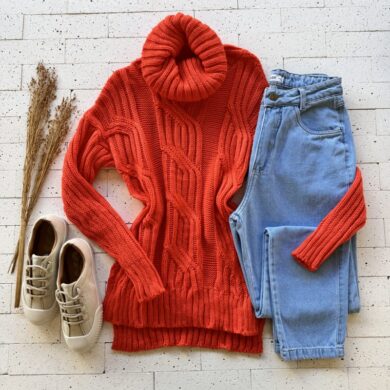 BLUSA TRICO ALONGADA PREMIUM GOLA ALTA DETALHE TRAMA LARANJA