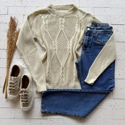 BLUSA TRICO DETALHE TRAMA LOSANGO LUXO CREME