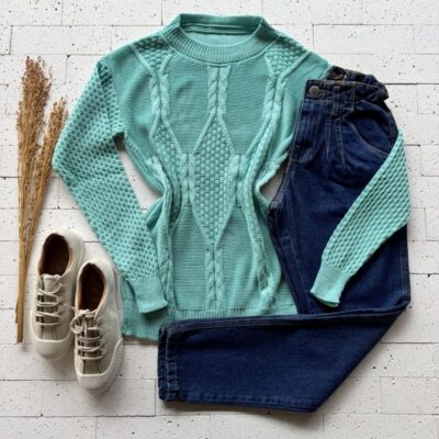 BLUSA TRICO DETALHE TRAMA LOSANGO LUXO MENTA