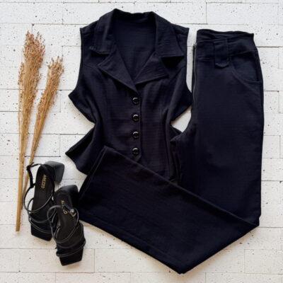 CONJUNTO LINHO TRABALHADO CROPPED COLETE E CALÇA WIDE LEG PRETO