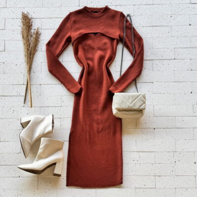 CONJUNTO MODAL CANELADO VESTIDO MIDI E CROPPED DE SOBREPOR CARMIM